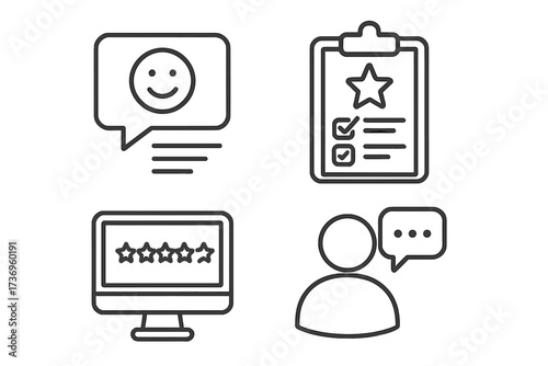 Feedback, testimonial, evaluation and review icon set. Customer satisfaction, online survey concepts. Quality check, user experience, rating stars. Vector thin line illustration.