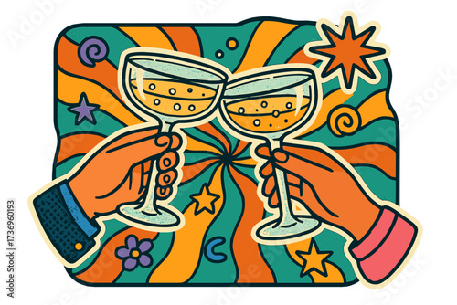 Vintage New Year party banner template in groovy 90s style with halftone sticker effect, two hands holding retro champagne glasses, trendy mixed media vector design celebration