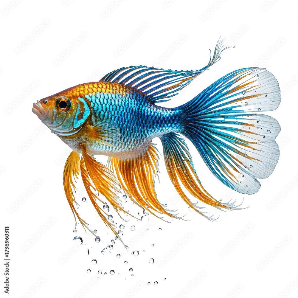 Fototapeta premium Vivid betta fish swimming in dark water with vibrant blue, gold, and white fins