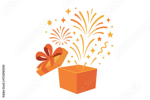 Giveaway winner announcement. Open gift box with fireworks, prize concept. Vector illustration for social media marketing, promotion, special offer banner, contest design.