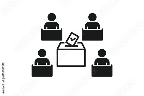 Voting process icon with four voters at individual booths and central ballot box, election concept, democratic vote, polling station vector illustration, transparency background, ordered set