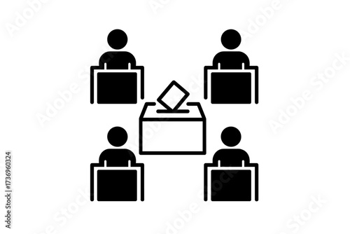 Voting process icon with four voters at individual voting booths and central ballot box, election day, ballot casting concept, democracy, polling station, voting symbol vector illustration