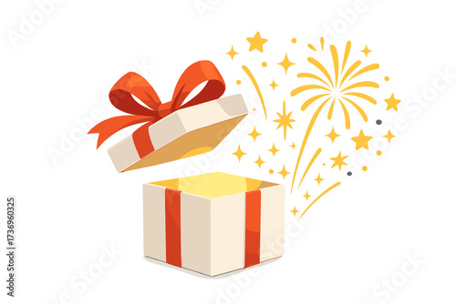 Giveaway winner prize announcement vector illustration. Open gift box with fireworks and sparkles. Graphic for social media marketing, advertising, business promotion, contest banner.