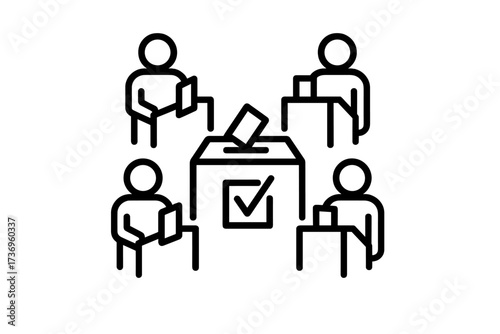 Voting process icon with four voters at individual voting booths and central ballot box with checkmark, election ballot casting, democratic voting concept, transparent background vector illustration
