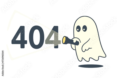 404 error page not found. Vector illustration concept for website problem. Cute ghost with flashlight searching for a lost page. Web template design with funny character.
