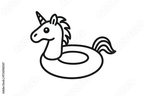 Unicorn inflatable swimming pool ring. Summer fun water toy. Cute mythical horse float for vacation and beach parties. Line icon vector illustration for kids and holiday.