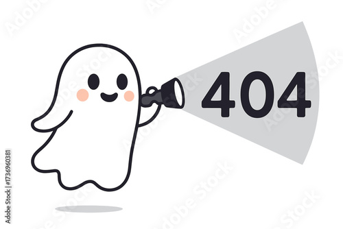 404 error page not found vector template. Cute cartoon ghost with flashlight searching for lost link. Website is unavailable. Funny character design for web problem message.