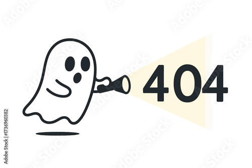 404 error page not found vector concept. Cute ghost character with flashlight looking for lost page. Website problem, oops message. Web design template illustration.