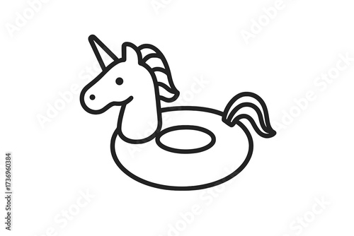 Unicorn pool float vector icon. Inflatable swimming ring object with unicorn shape. Tropical summer buoy for vacation and water activities. Rubber toy for swimming pool party.