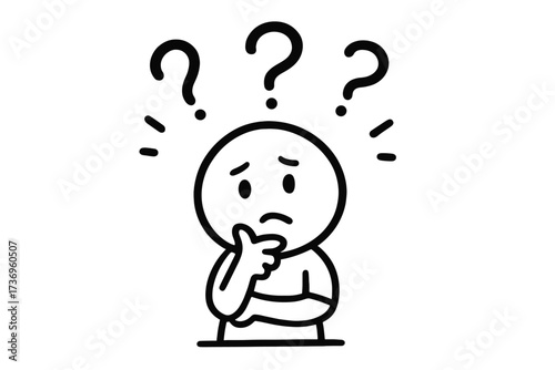 Confused character thinking under question marks. Concept of doubt, problem solving, FAQ. Man has questions, needs help. Person contemplating difficult decision. Doodle icon.