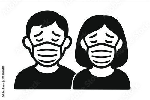 Man and woman with face mask icon. Vector of tired, sad people. Concept for disease, sickness, depression, pandemic fatigue, mental health, air pollution, virus protection.