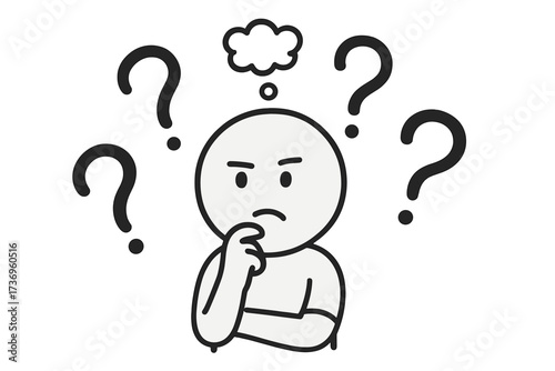 Man thinking with question marks. Concept of problem solving, doubt, curiosity. Confused person asking questions. Brainstorming, dilemma, faq, decision making idea. Vector.