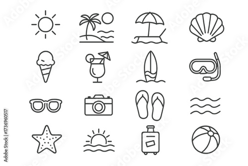 Summer icons set with beach vacation elements, landscapes and activities, vector thin line illustration with editable stroke for seasonal holiday and travel designs