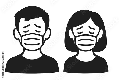 Vector icon of a sad man and woman wearing medical face masks. Concept for sickness, disease, virus, pandemic fatigue, depression, stress, anxiety, and mental health.