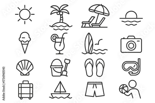 Summer icons vector set with beach vacations objects, landscapes and activities, thin line illustration with editable stroke, seasonal holiday and summer travel elements