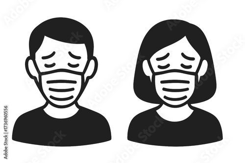 Man and woman with sad tired faces in medical masks. Vector icon concept for disease, sickness, burnout, depression, pandemic fatigue, mental health and virus protection.