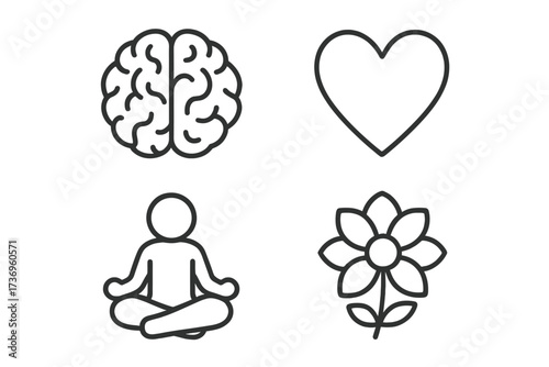Mindfulness and wellness linear icon set. Brain, heart, meditation and flower symbols. Concept of mental health, self-care, emotional balance, psychology, and harmony.