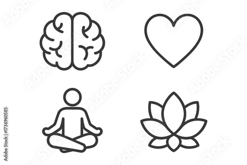 Mindfulness and wellness icon set. Brain, heart, meditation, lotus flower symbols. Mental health, emotional intelligence, spiritual balance concept. Body and soul harmony.