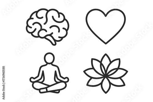 Mindfulness and wellness icon set. Brain, heart, meditation and lotus flower symbols. Mental health, balance, harmony and self care concept. Yoga, love and intelligence line art.