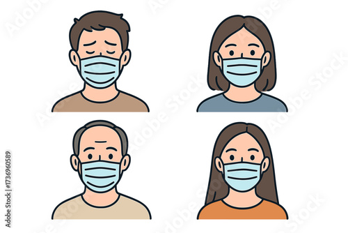 Vector illustration set of diverse people wearing surgical face masks. Characters for concepts of health protection, virus prevention, sickness, pandemic, covid-19, and respiratory safety.