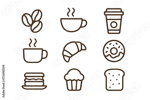 Coffee shop line icon set. Vector collection of minimalist cafe symbols. Includes coffee beans, hot drink cup, to-go cup, croissant, donut, muffin, toast, and pastry.