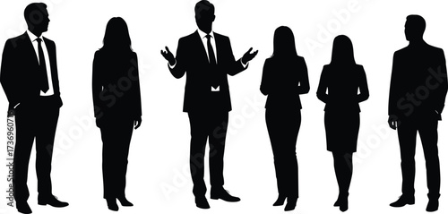 Silhouettes of business people standing together, men and women in formal clothes, office workers teamwork, professional corporate group human figures