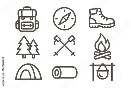 Hiking and camping icon set. Outdoor adventure and travel equipment. Minimalist line art vector illustration. Includes backpack, compass, boot, tent, fire, and forest symbols.