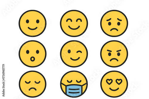 Emoji emoticon faces set. Collection of expressions. Mood, feeling, emotion. Happy, sad, angry, love, surprised, wink, face mask icon. Vector cartoon character symbol.