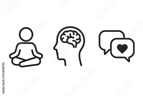 Mental health line icon set. Meditation, brain, and communication symbols. Vector graphics for psychology, mindfulness, therapy, stress relief and emotional support concepts.