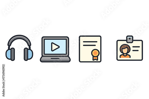 Online learning icon set for e-learning and digital education. Vector illustration of webinar, online course, and distance learning concepts. Includes headphones, laptop, certificate, ID.