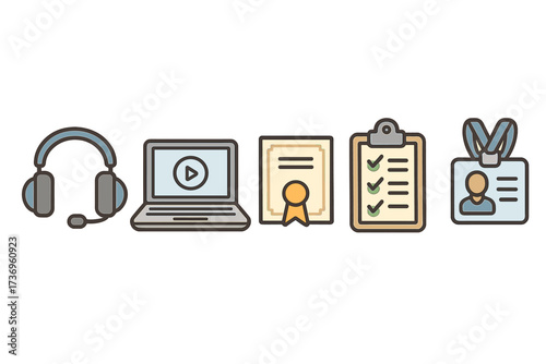E-learning icon set for online education. Vector icons: headset, laptop, diploma, checklist, ID badge. Concept for distance learning, webinar, online course, and training.