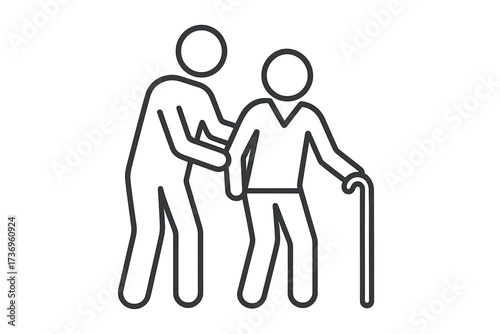 Elderly care and support vector line icon. Caregiver helping senior patient with a walking cane. Nursing home, assisted living, geriatrics, and healthcare for old people.