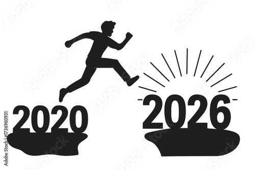 Jumping from past to the future. Man leaps from 2020 to 2026. New year concept. Hope, change, success, ambition, motivation. Overcoming crisis. Moving forward. Vector.