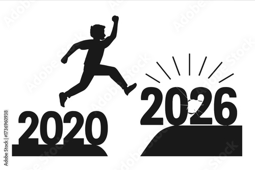Man jumps from year 2020 to 2026. New year concept of leaving the past behind and moving forward to a bright future of hope, success, change, and new opportunities.