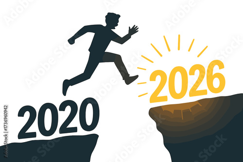 New year 2026 concept. Man silhouette jumping from 2020 over a gap. Leaving the past for a bright future of hope and new beginnings. Overcoming challenge, motivation, success.