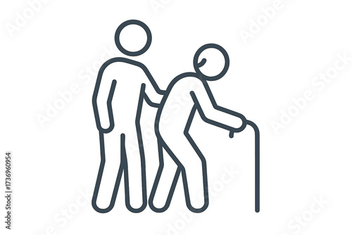 Caregiver helping senior patient. Thin line icon of elder care and support. Vector illustration for nursing home, assisted living, and healthcare for older people. Volunteer help.