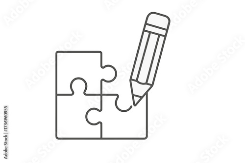 Pencil drawing a puzzle piece. Concept of problem-solving, finding solutions, and business strategy. Metaphor for creativity, connection, and completion. Vector thin line icon.