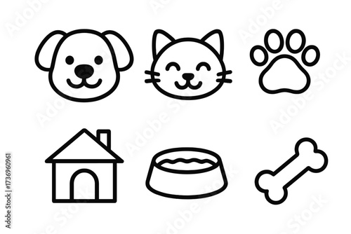 Dog and cat pet care icon set. Simple line art collection with animal heads, paw print, kennel, food bowl, and bone. Minimalist vector symbols for veterinary or pet shop.
