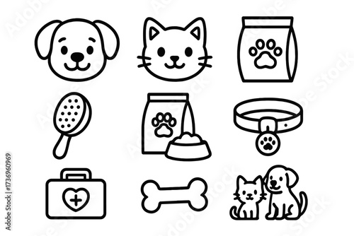 Pet care icon set. Simple line art collection for dog and cat lovers. Vector symbols of veterinary, food, toy, and grooming. Outline graphic elements for pet shop design.