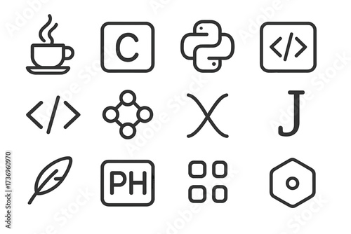 Programming language line icon set. Vector collection of computer coding symbols. Minimalist outline pictograms for web and app development. Includes Python, Java, C, PHP logos.
