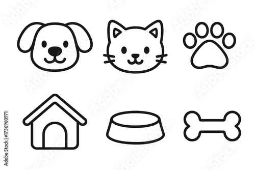 Pet line icons set. Cute dog and cat faces, paw print, kennel, food bowl and bone symbols. Simple vector cartoon illustration for vet clinic, pet shop or animal shelter.