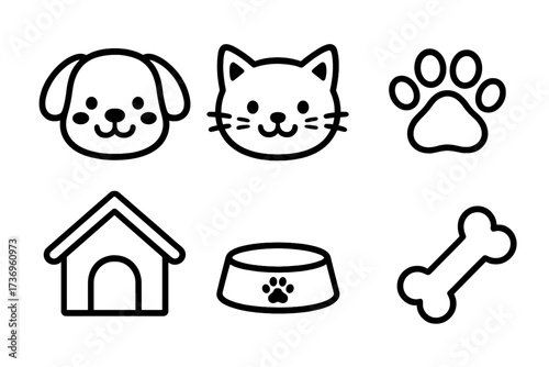 Pet line icon set with cute dog and cat faces. Simple outline vector illustrations of a paw print, bone, kennel, and food bowl for pet shop, vet clinic, or animal care concepts.