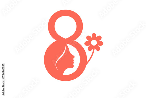 8 March, International Women's Day greeting card. Vector illustration with number 8 and woman face silhouette. Symbol for feminism, female empowerment, and girl power design.