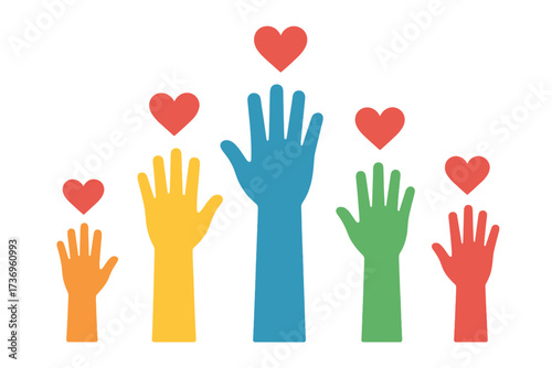 Colorful raised hands with hearts. Vector icon for volunteer, charity, donation, and contribution. Community support, help, and social work concept. Flat illustration design.