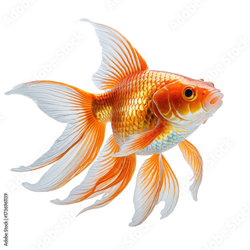 Majestic goldfish with orange and white fins, isolated on black