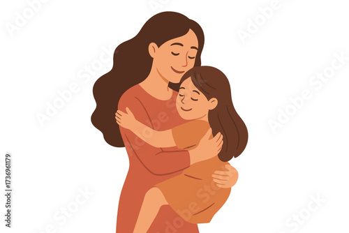 Mother hugging her daughter. Beautiful woman holding her kid girl in arms. Happy Mother's day greeting card. Family love, care and tenderness vector illustration for poster.