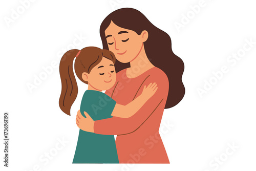 Happy Mother's Day greeting card. Loving mother hugging her little daughter. Mom and child embrace. Vector illustration concept of family love, care, parenthood, motherhood.