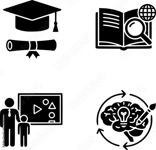 Educational icons: library, marketplace, creative learning in bold silhouette design
