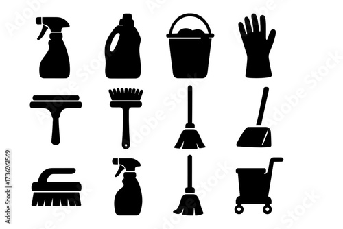 Cleaning icons set. Vector silhouette collection of essential cleaning supplies for home and industry. Domestic housekeeping and janitorial service equipment. Hygiene concept.