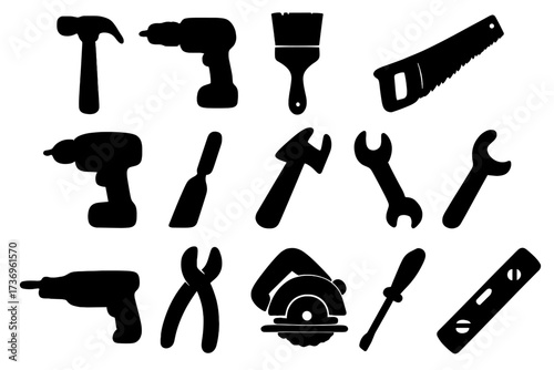 Tool silhouette icon set. Vector graphic collection of hand and power tools for construction, repair, DIY, carpentry. Workshop equipment like hammer, drill, saw, wrench.